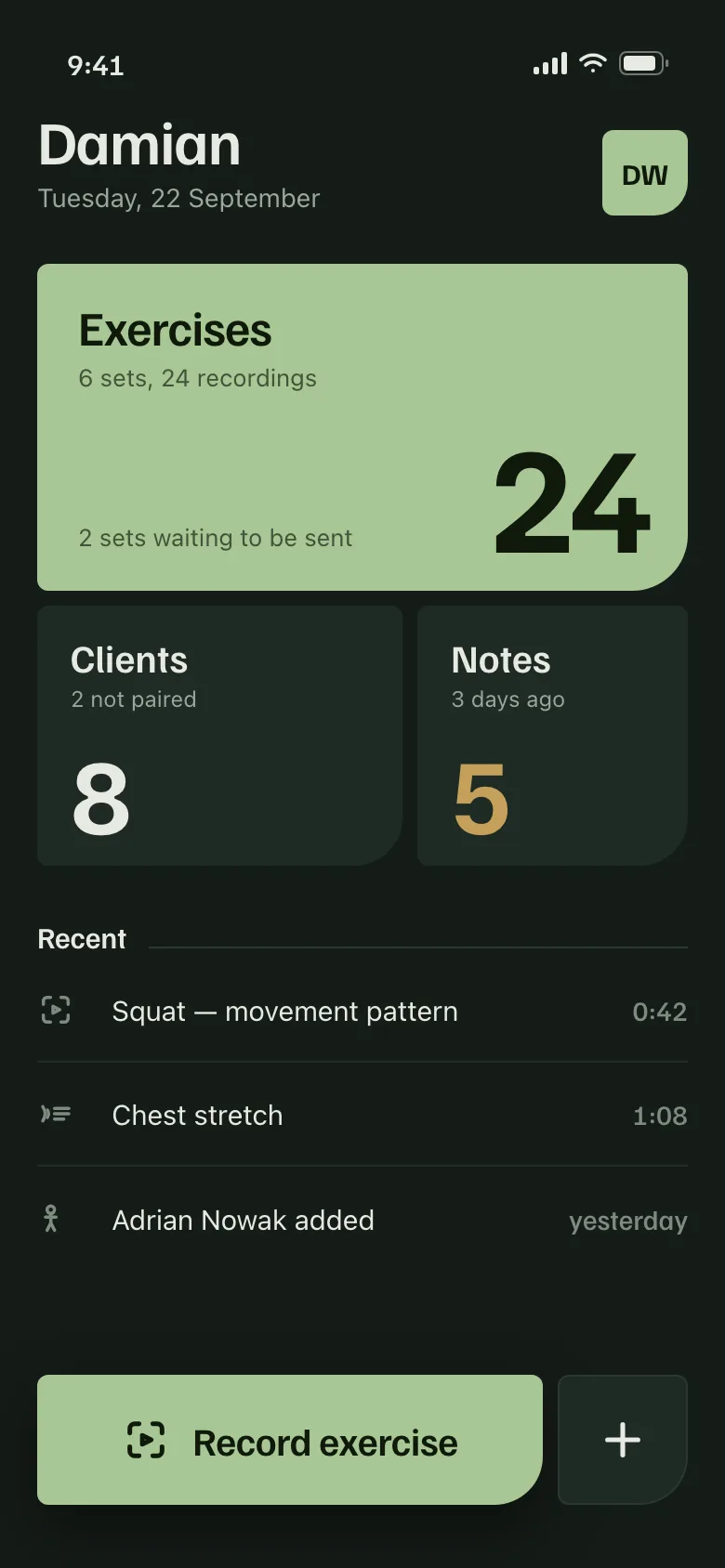 The Retrygo home screen on a phone: exercise sets, clients and recent recordings